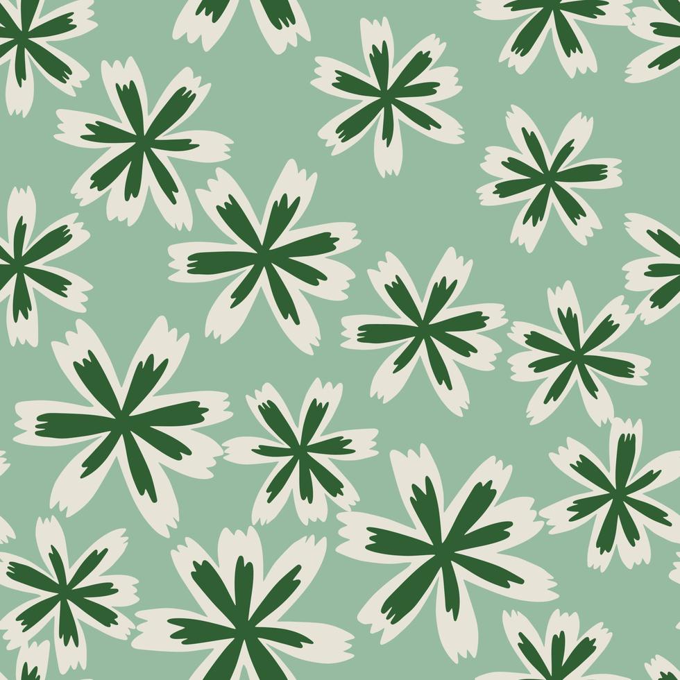 Random seamless botanic pattern with green and white contoured flower shapes. Blue background. vector
