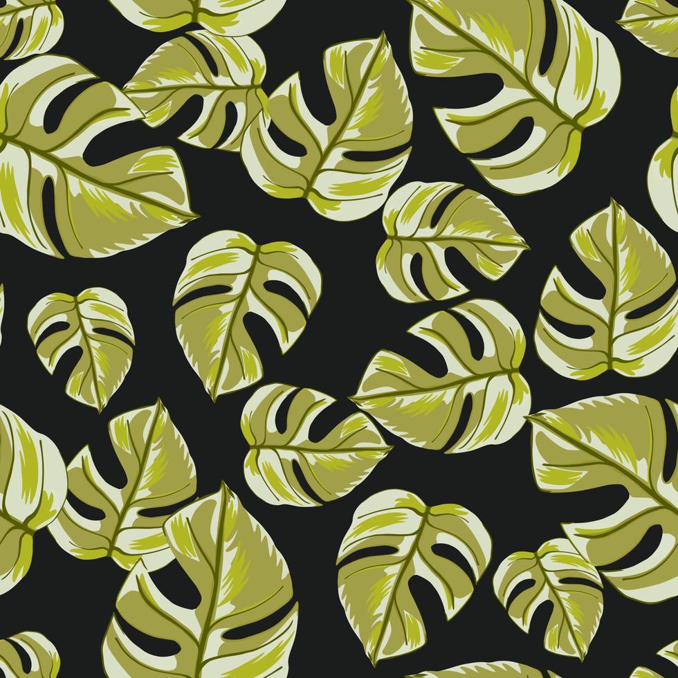 Abstract seamless pattern with pale green hand drawn monsera leaf ornament. Black background. Random print. vector