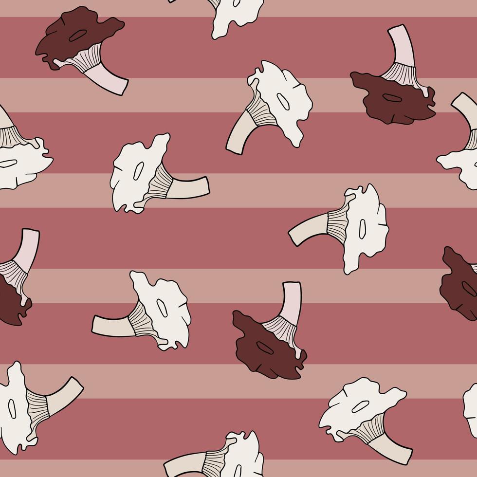 Random seamless fall pattern with white cantharellus cibarius mushroom elements. Striped pink background. vector