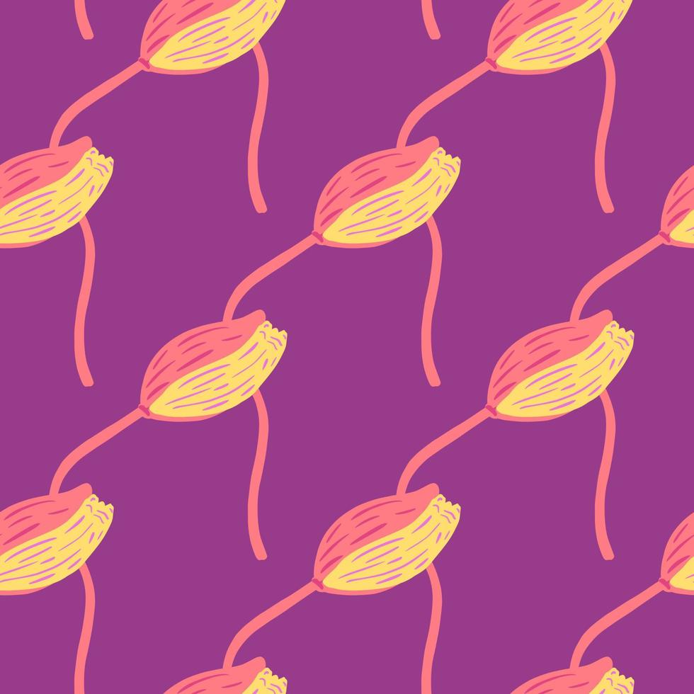 Yellow and pink colored poppy bud flower elements seamless pattern. Light purple background. Pastel colors. vector