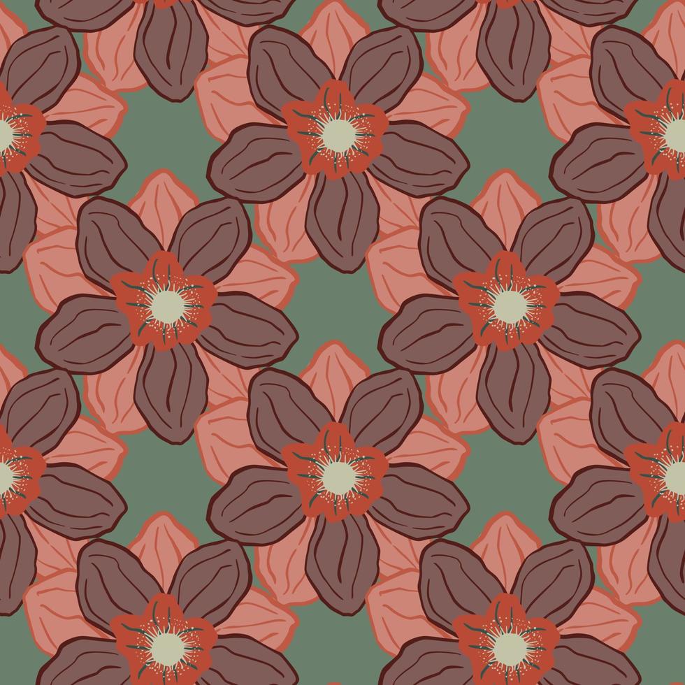 Hand drawn seamless pattern with pink anemone bud flower elements. Pale green background. vector