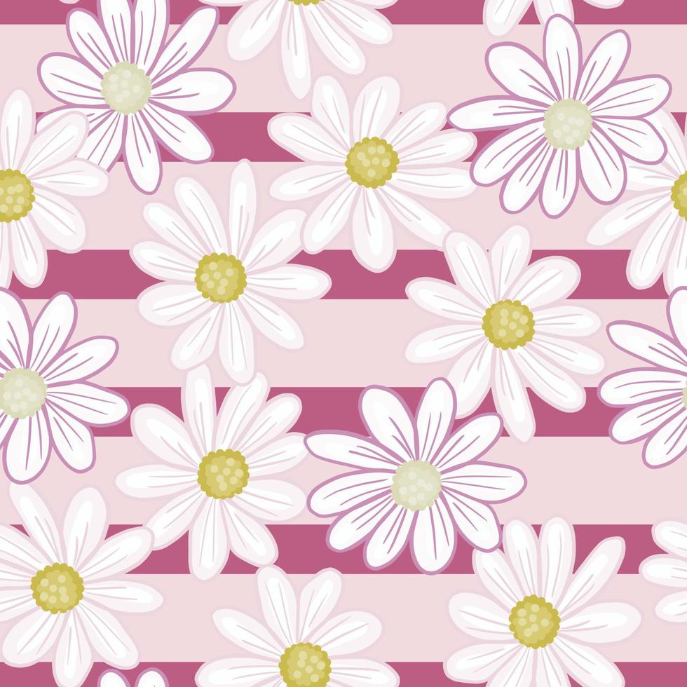 Nature seamless pattern with random daisy flowers print. Pink striped background. Floral abstract backdrop. vector