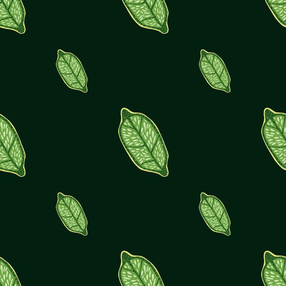 Minimalistic seamless doodle pattern with green vitamin lemon ornament. Black background. vector