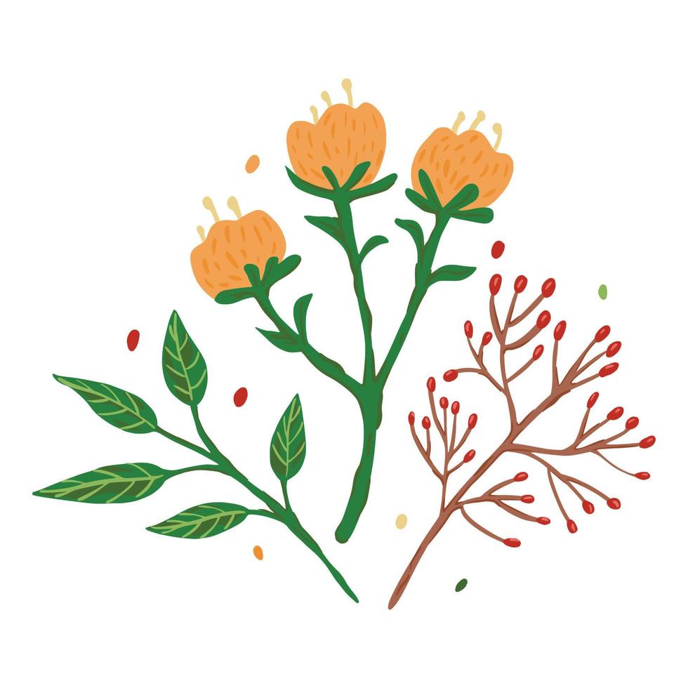 composición de flores y follaje sobre fondo blanco. bosquejo botánico abstracto dibujado a mano en estilo garabato. vector