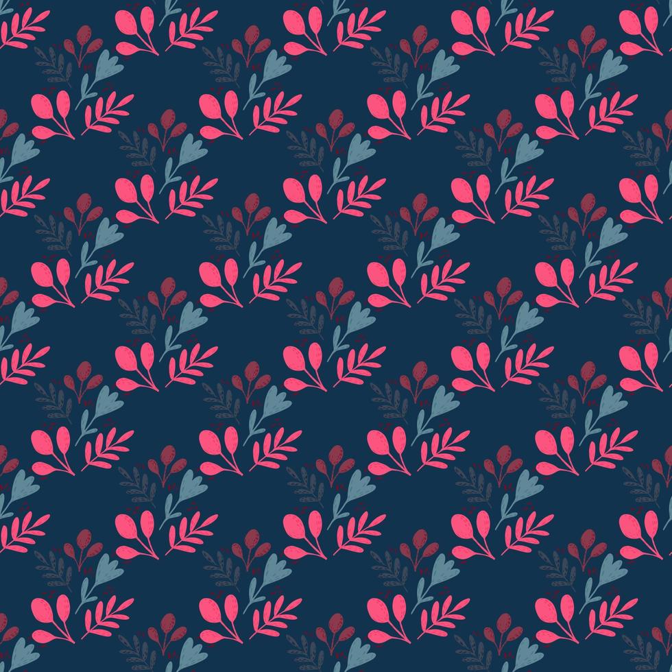 Contrast seamless pattern with folk ornamental botanic print. Pink flower and leaves on navy blue background. vector