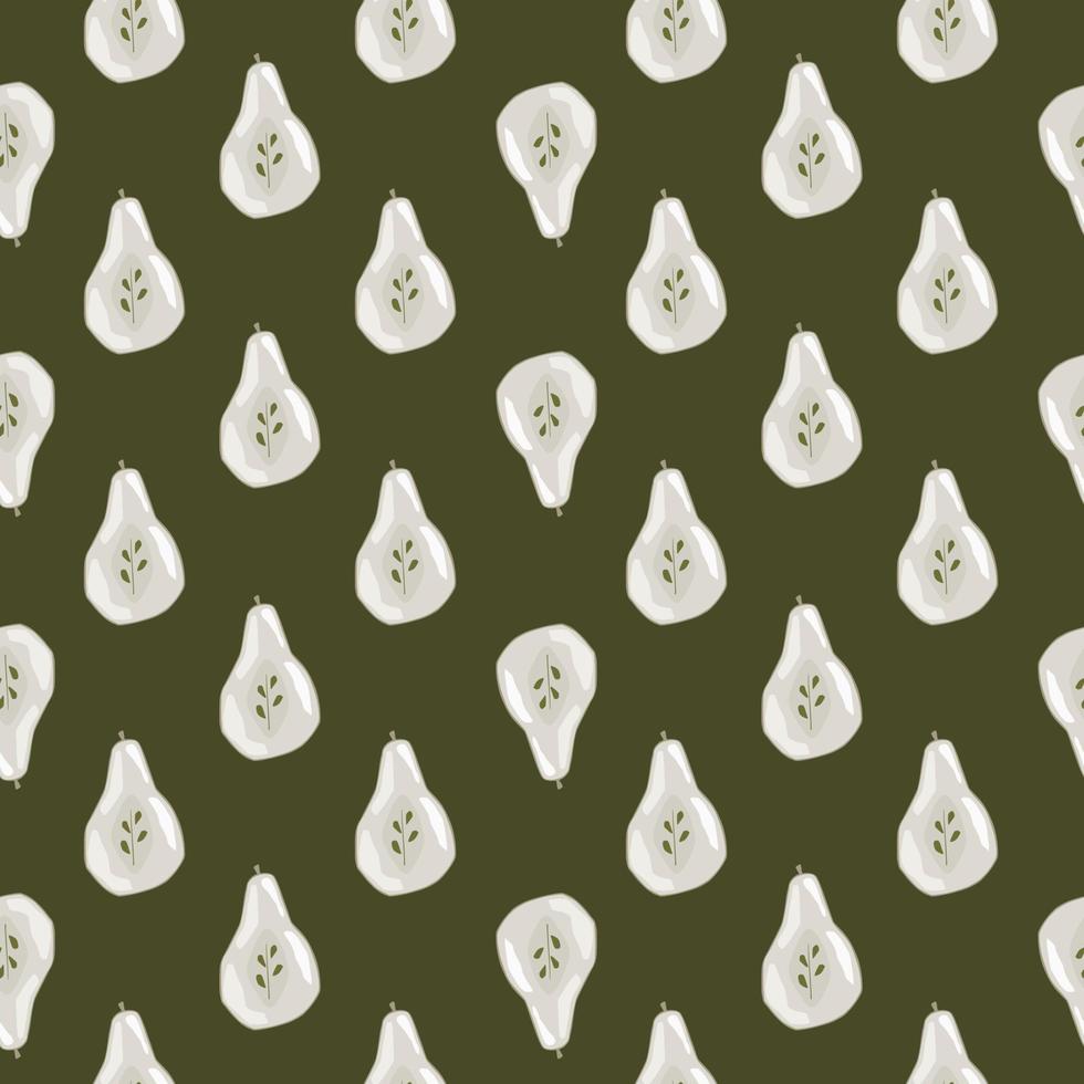 Little white pear half shapes seamless pattern. Dark green olive background. Fruit backdrop. vector