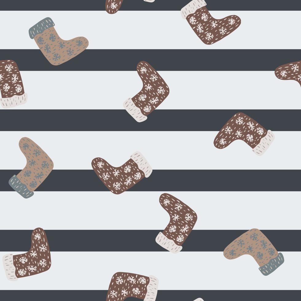 Random seamless pattern with cartoon brown simple spsks ornament. Striped background. New year backdrop. vector