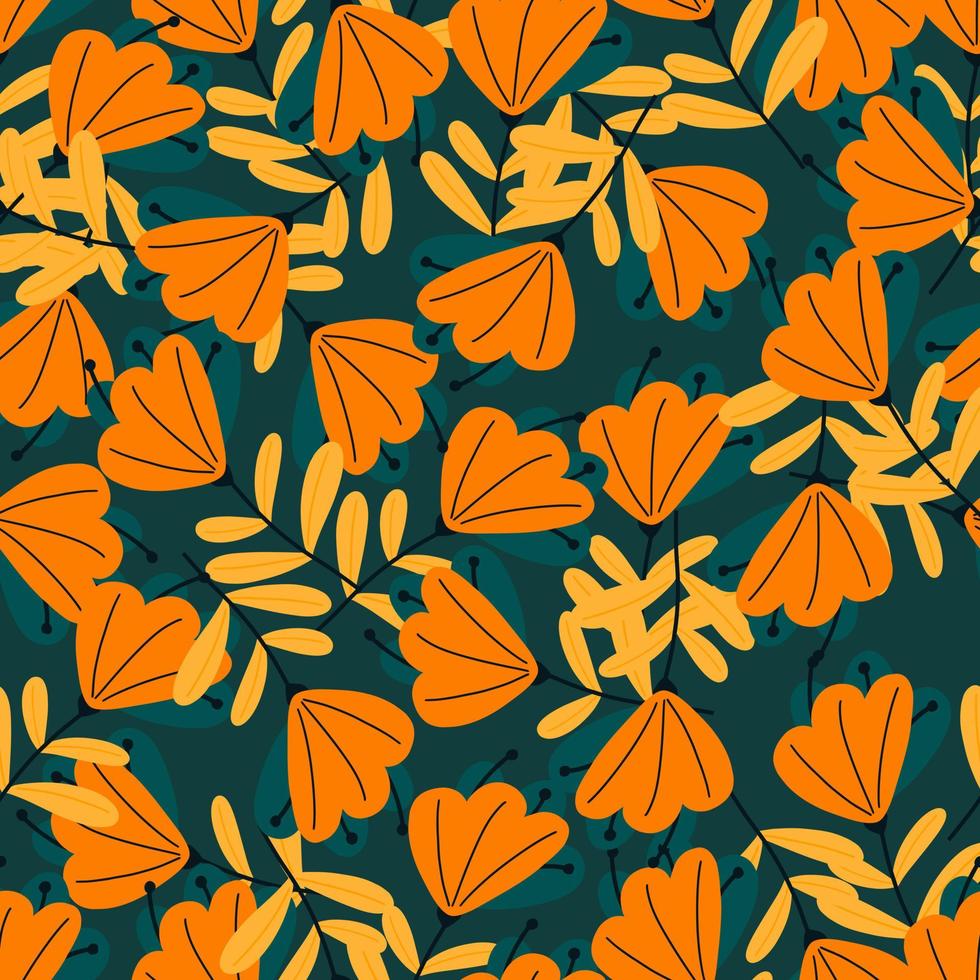 Autumn style seamless pattern with orange doodle flowers shapes. Navy blue backround. Decorative print. vector