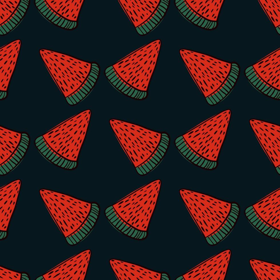 Contrast seamless fresh food pattern with bright red watermelon slice print. Black background. vector
