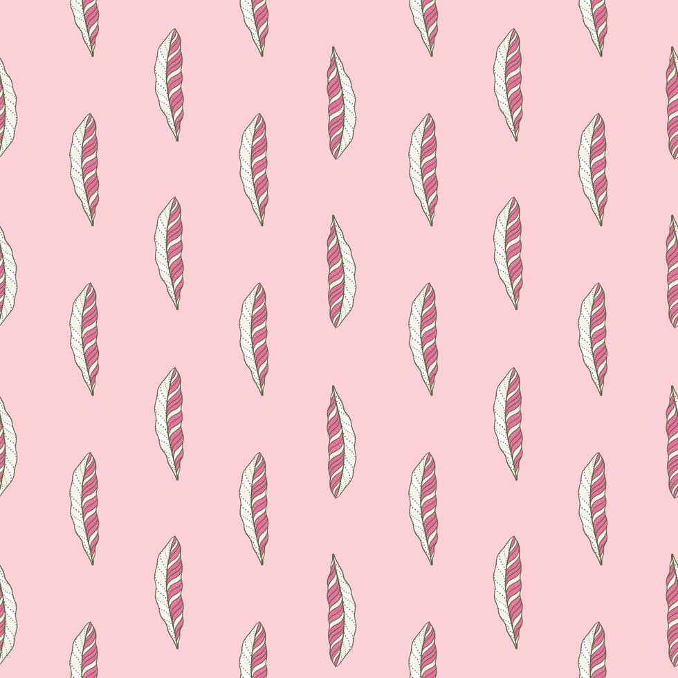 Hand drawn seamless pattern in pink colors with little feather silhouettes print. Boho style artwork. vector