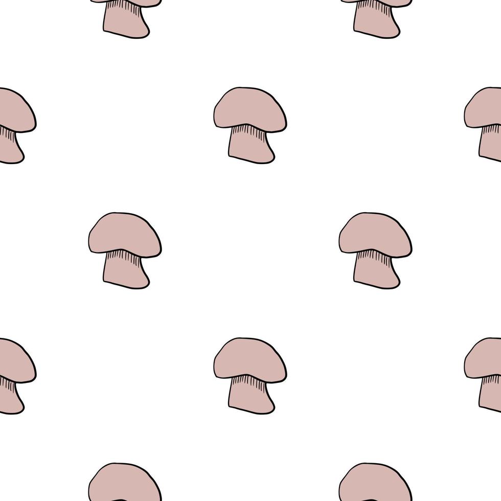 Seasonal seamless pattern with champignon mushroom outline pink ornament. Isolated print. vector