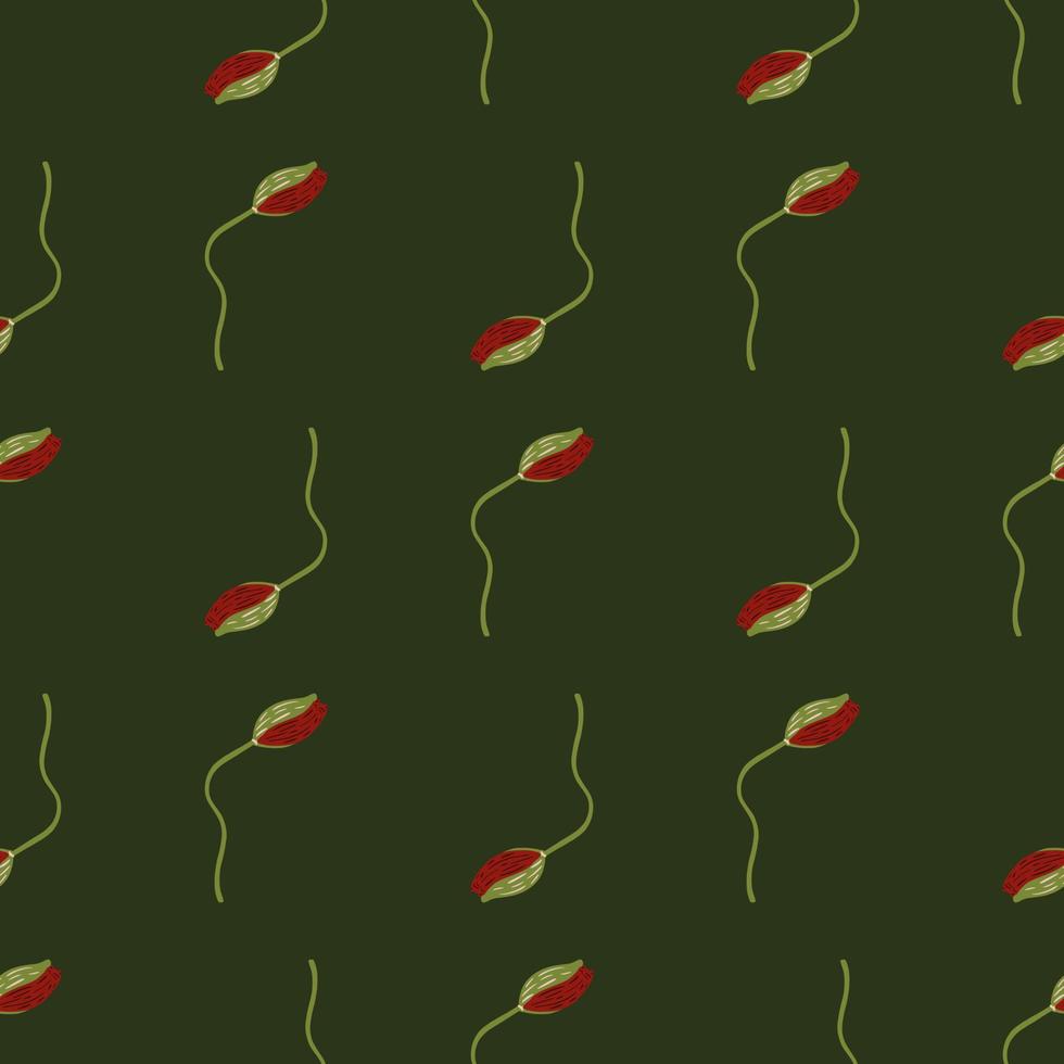 Minimalistic seamless dark tones pattern with red poppy bud flowers ornament. Green background. vector