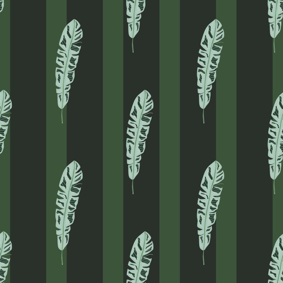 patrón decorativo sin costuras con estampado de siluetas de hojas tropicales botánicas azules. fondo rayado verde oscuro. vector