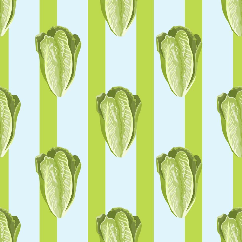 Seamless pattern salad Romano on stripe blue background. Beautiful ornament with lettuce. vector