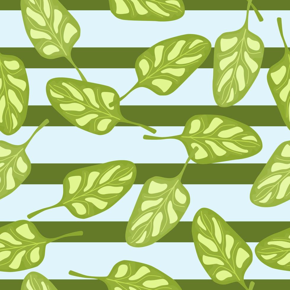 Seamless pattern Spinach salad on blue striped background. Modern ornament with lettuce. vector