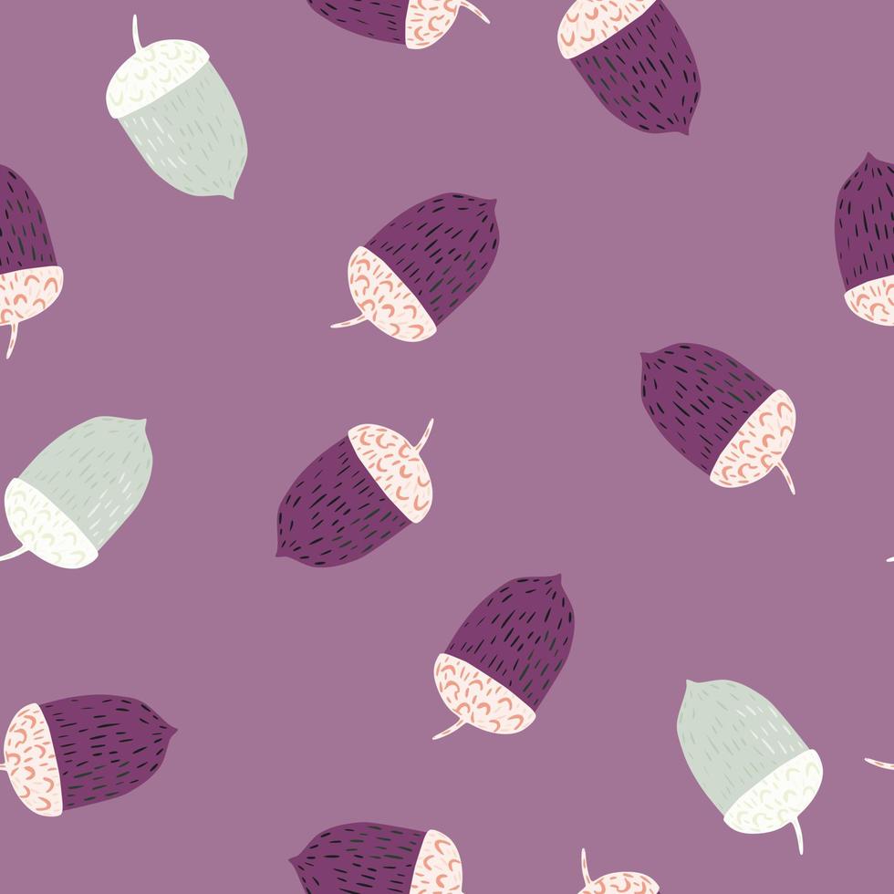 Seamless random pattern with hand drawn acorn doodle silhouettes. Autumn print in purple and blue tones. vector