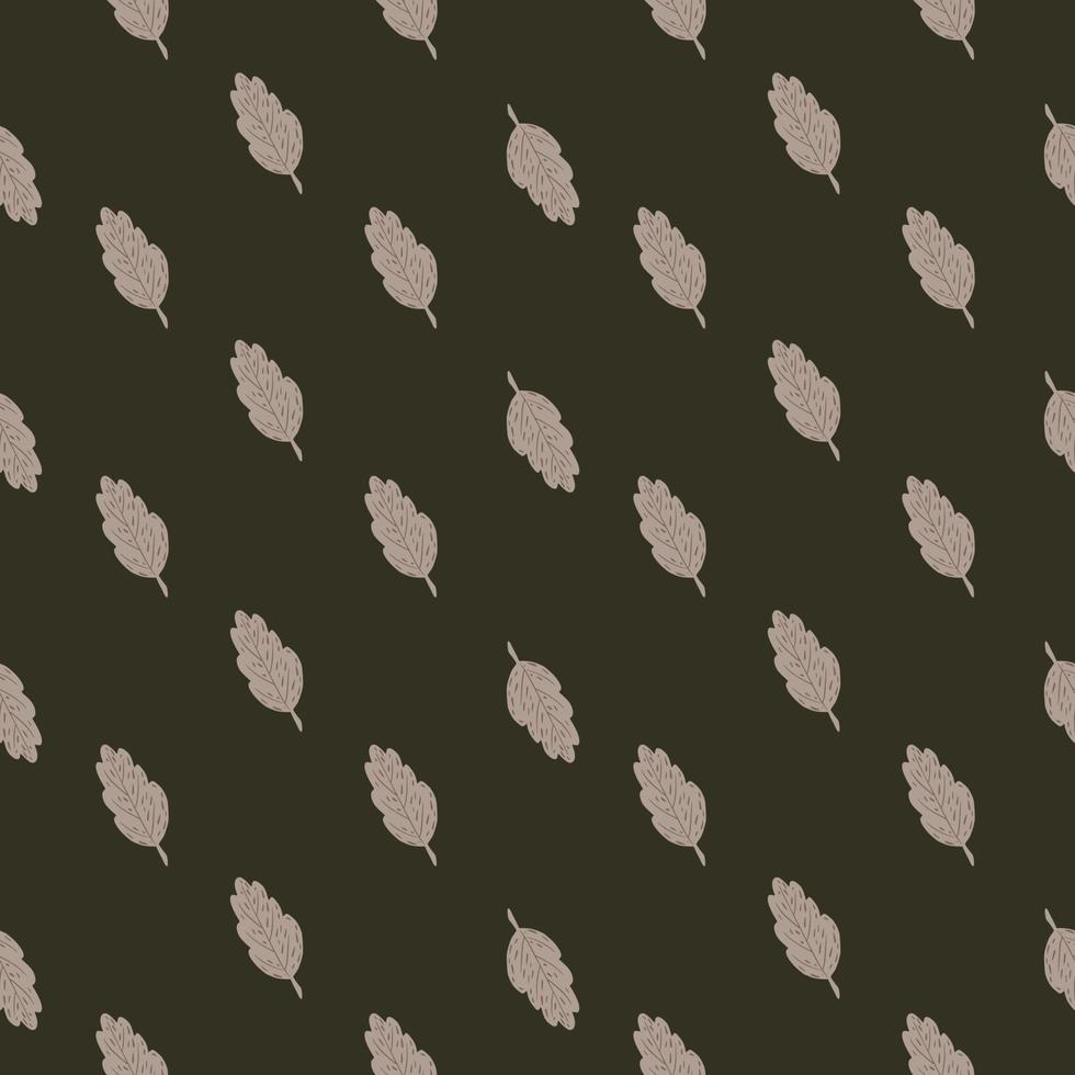 Pale grey fall leaf doodle elements on brown dark background. Seamless pattern. vector