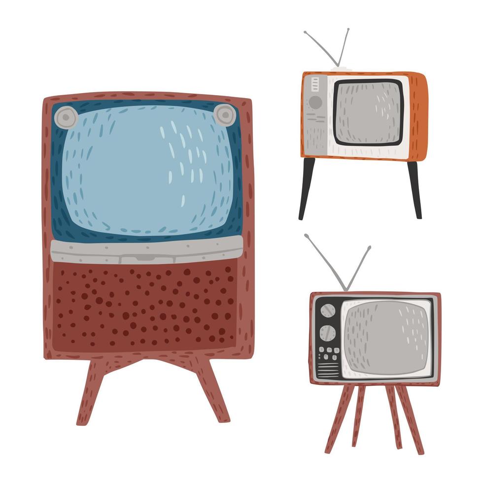 establecer televisores retro sobre fondo blanco. televisores antiguos altos, bajos y anchos con antena dibujada a mano en estilo garabato. vector