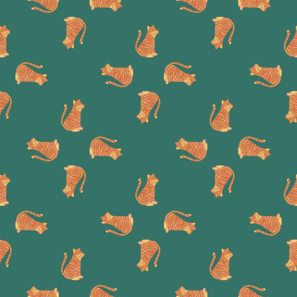 Geometric abstract seamless pattern with orange tiger silhouettes ornament. Turquoise background. vector