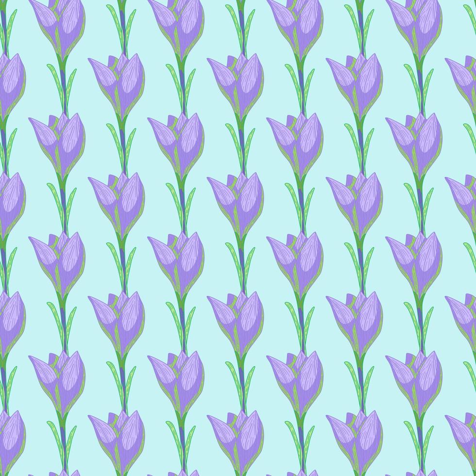 Purple outline crocus hand drawn silhouettes seamless doodle pattern. Light turquoise background. vector