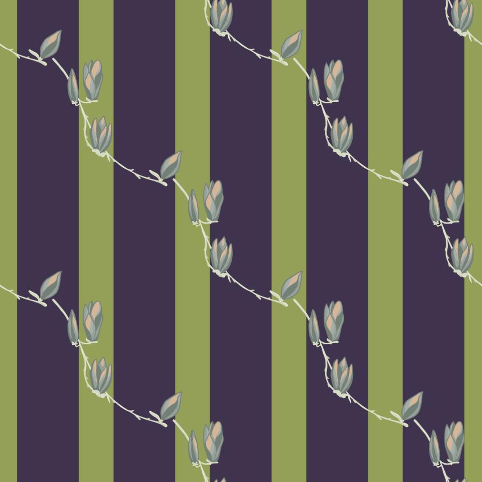 Seamless pattern Magnolias on stripe green background. Beautiful texture with flowers. vector