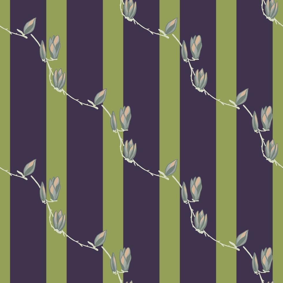 Seamless pattern Magnolias on stripe green background. Beautiful texture with flowers. vector