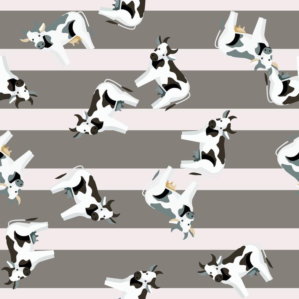 Seamless pattern cow on striped pink gray background. Texture of farm animals for any purpose. vector