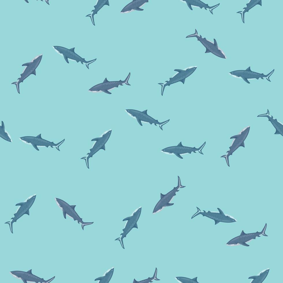 Seamless pattern Tiger shark on turquoise gray background. Texture of marine fish for any purpose. vector