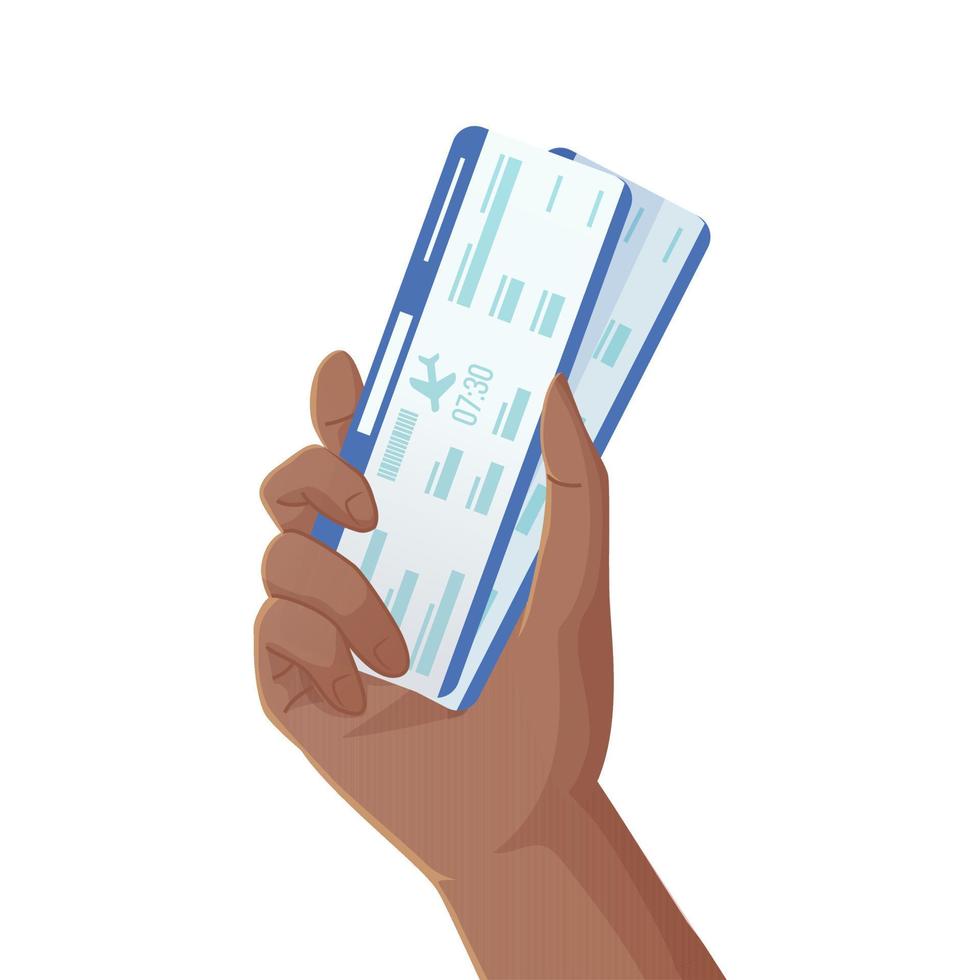 Black man hand holding two airplane tickets. International vacation, fly travel, world journey concept. Illustration in realistic cartoon style vector