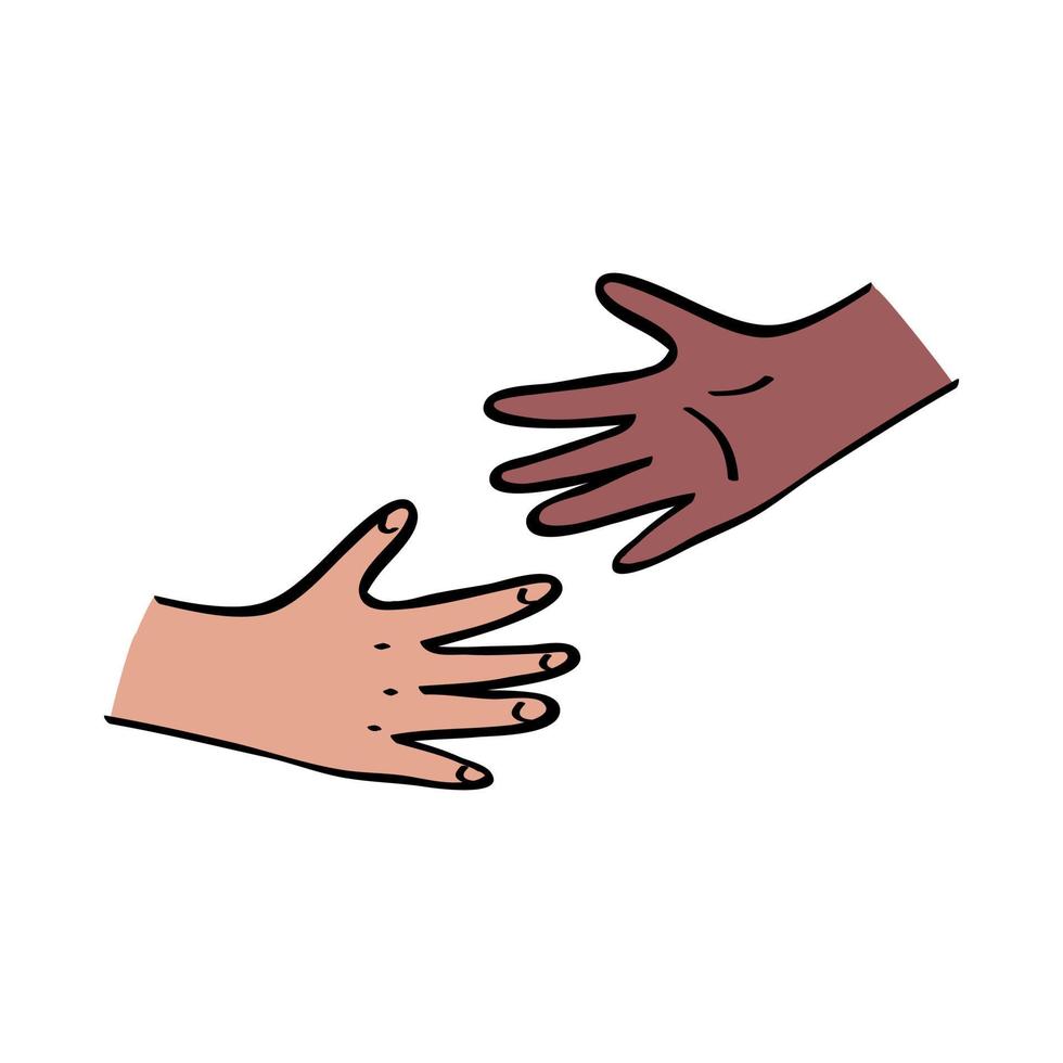 las manos de los niños se acercan entre sí. unidad negra y caucásica, concepto de diversidad. contorno con ilustración en color en estilo dibujado a mano vector