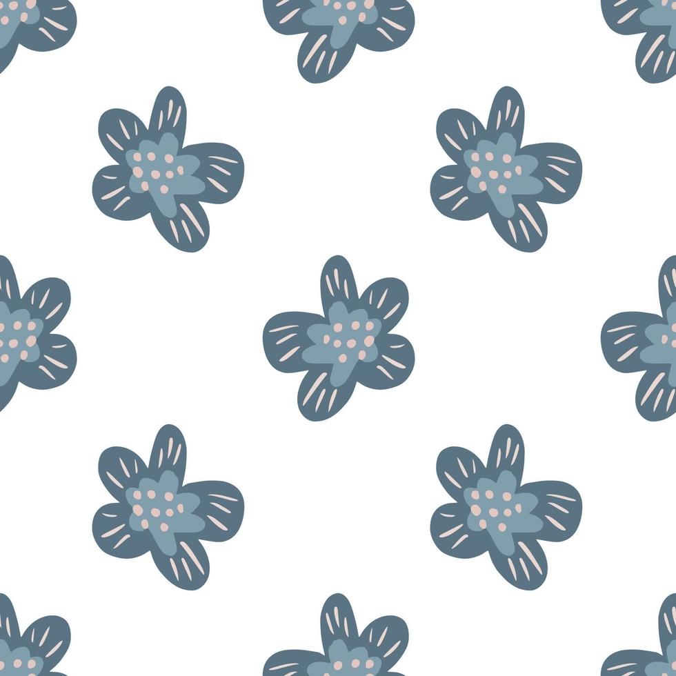 Isolated seamless pattern with blue doodle flower silhouettes. White background. Simple backdrop. vector