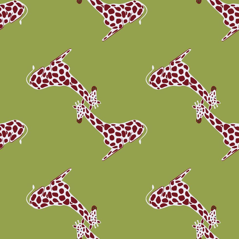 Purple and grey colored giraffe seamless pattern in doodle style. Green background. Creative design. vector