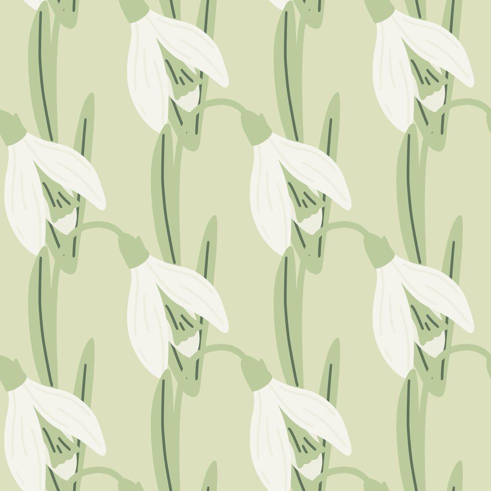 White galanthus flower seamless pattern in botanic style. Light green background. Scrapbook backdrop. vector