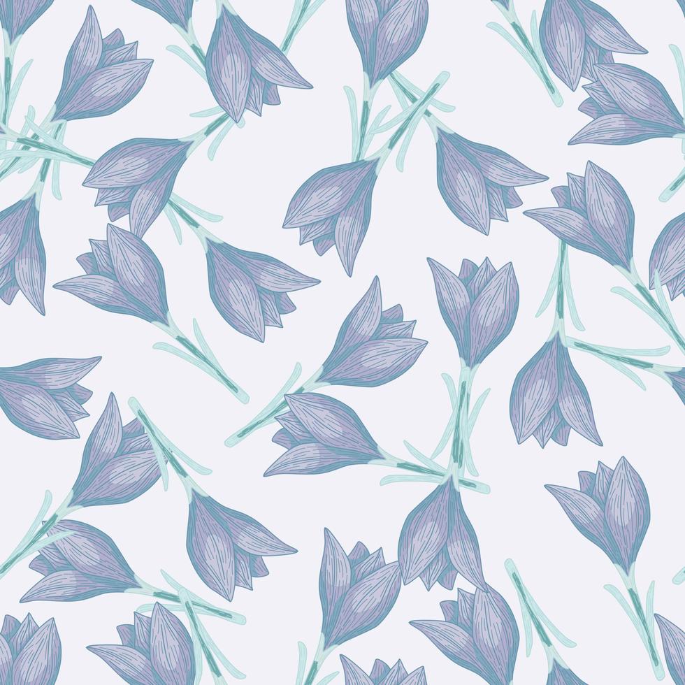 Vintage seamless pattern with blue outline crocus flowers print. Light pastel background. Random artwork. vector