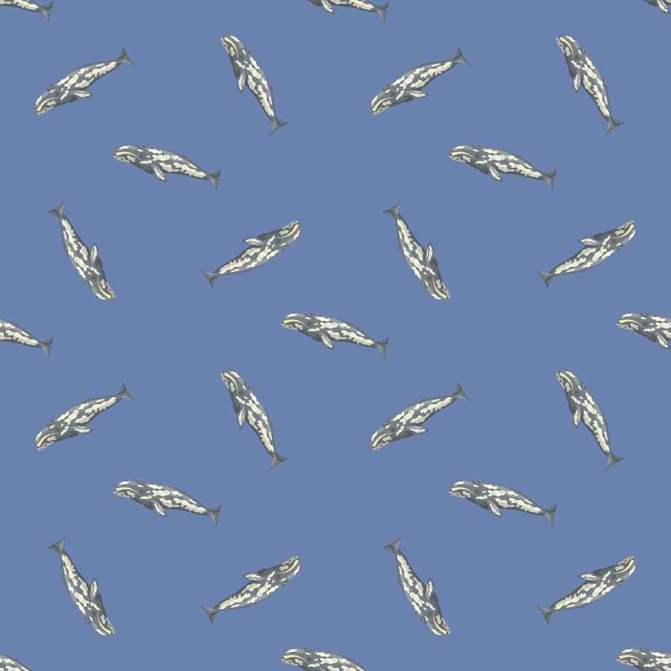 Seamless pattern with gray whale on light blue background. Template of cartoon character of ocean for fabric. vector