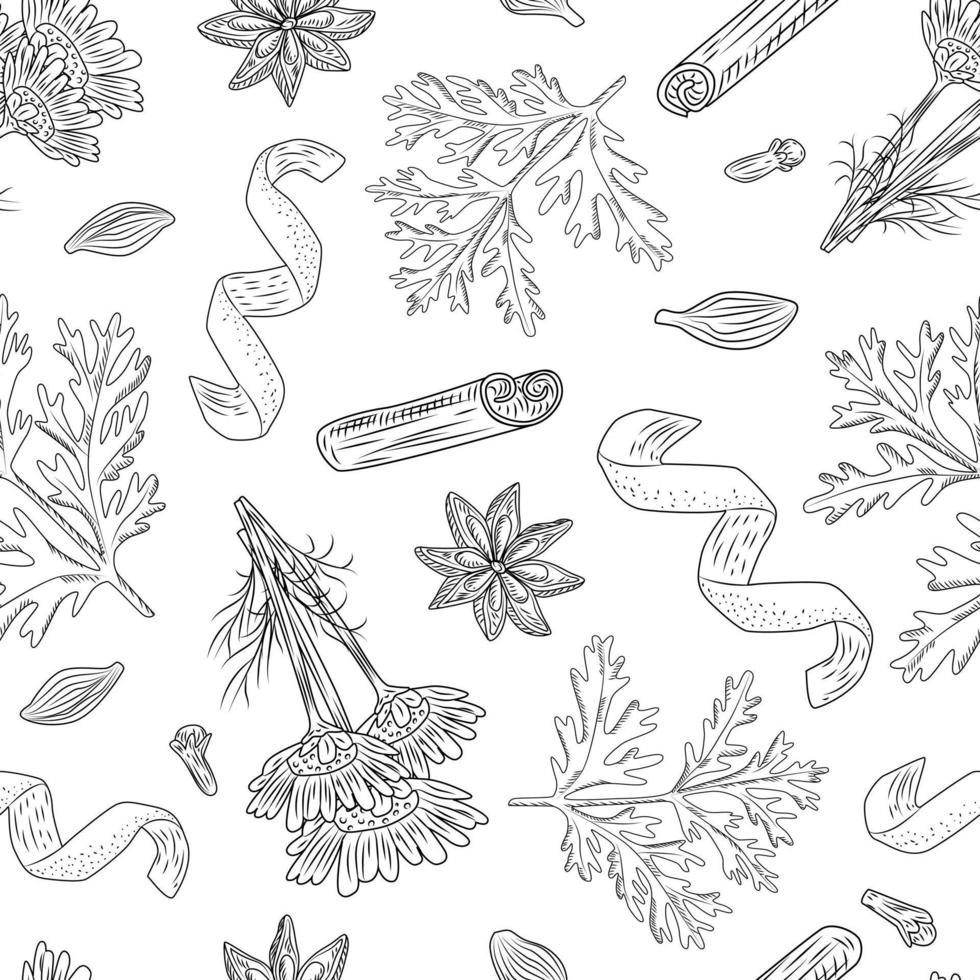 Seamless pattern autumn tea on white background. Beautiful texture herbal for packaging design tea. vector