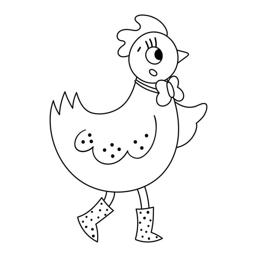 Vector black and white funny hen icon. Outline farm bird in boots with egg isolated on white background. Spring or Easter illustration. Cute domestic animal illustration or coloring page