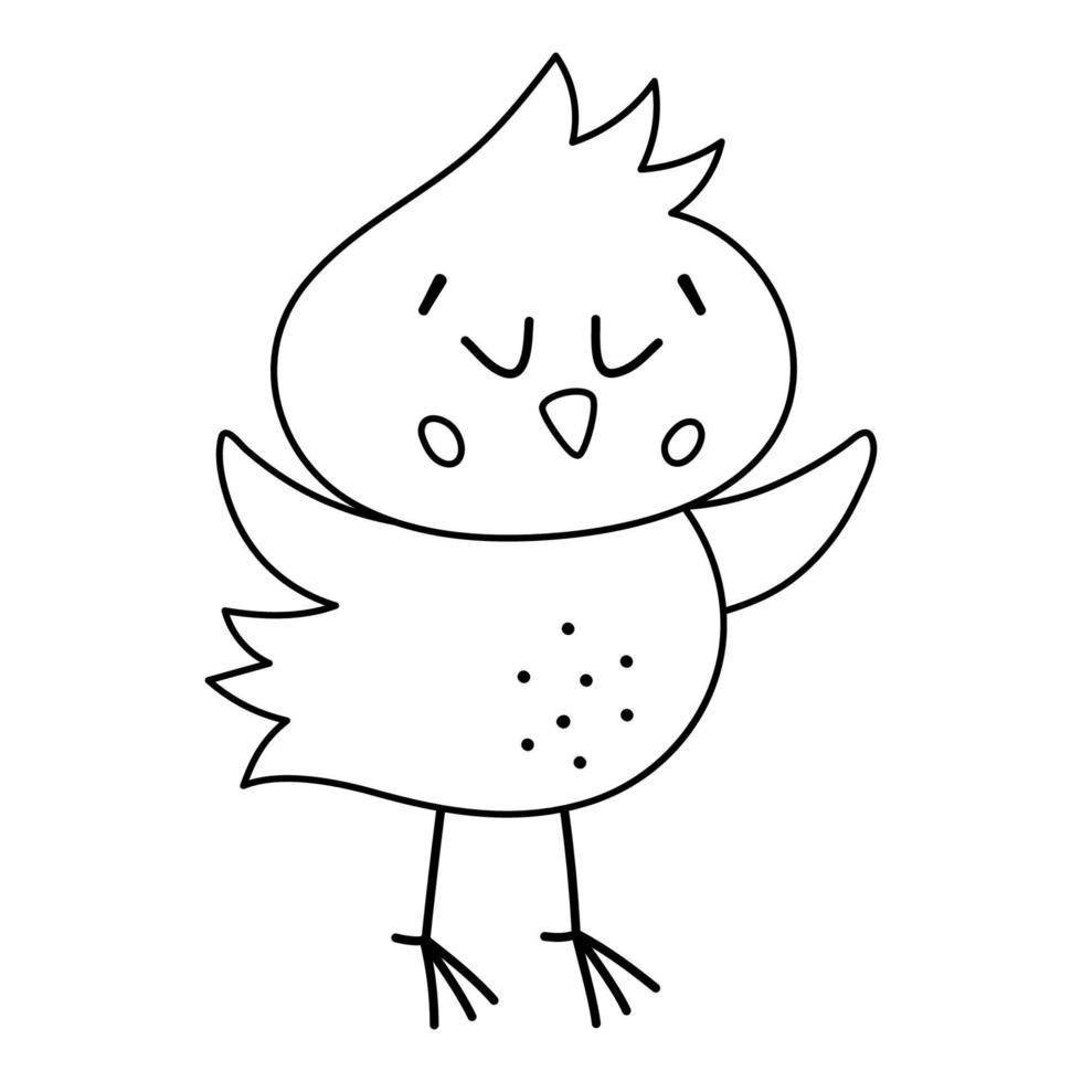 icono de pollito divertido en blanco y negro vectorial. esbozar primavera, pascua o granja pajarito ilustración o página para colorear. lindo pollo con los ojos cerrados aislado sobre fondo blanco. vector