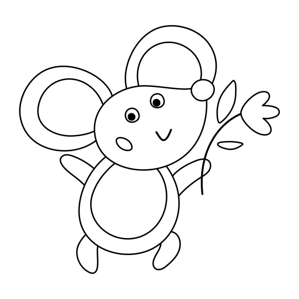 Vector black and white mouse icon isolated on white background. Outline spring traditional symbol and design element. Cute animal with flower illustration or coloring page for kids