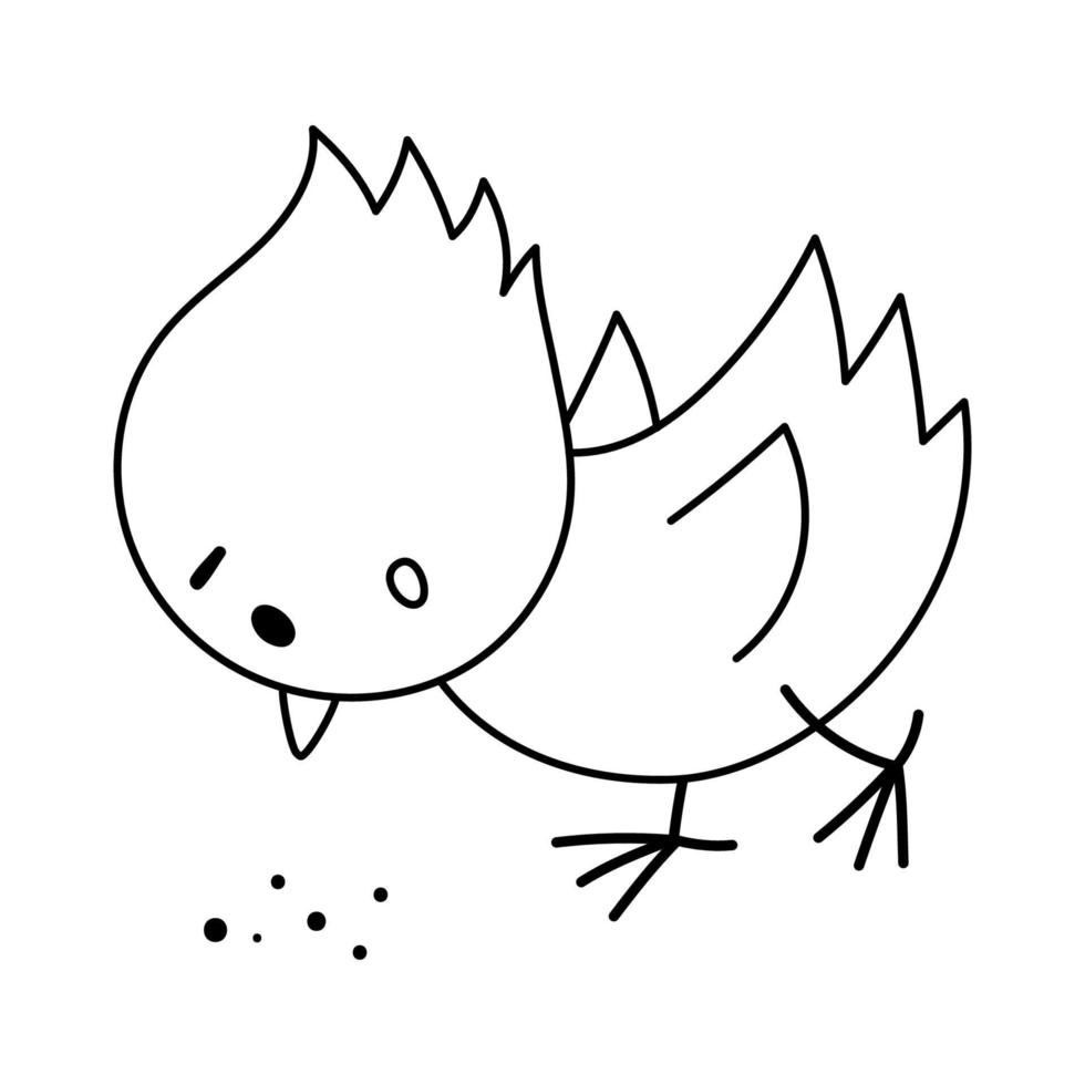 Vector black and white funny chick icon. Outline spring, Easter or farm little bird illustration or coloring page. Cute chicken pecking seeds isolated on white background.