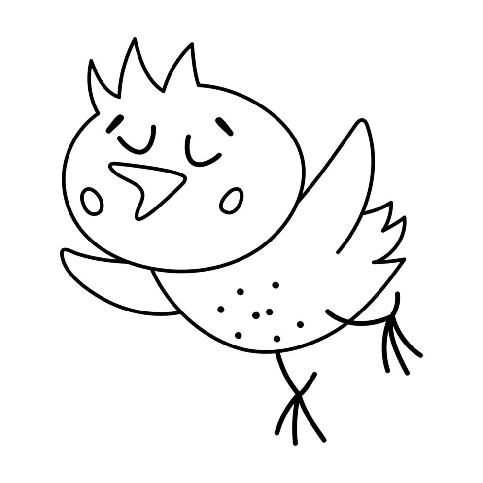 icono de pollito divertido en blanco y negro vectorial. esbozar primavera, pascua o granja pajarito ilustración o página para colorear. lindo pollo recién nacido volando fuera de la cáscara de huevo aislado sobre fondo blanco. vector