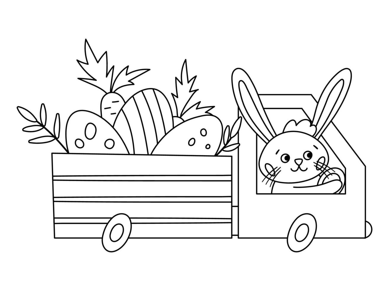 Vector black and white Easter outline truck icon with eggs and carrots. Bunny driving a car with holiday presents isolated on white background. Cute adorable spring rabbit illustration for kids.