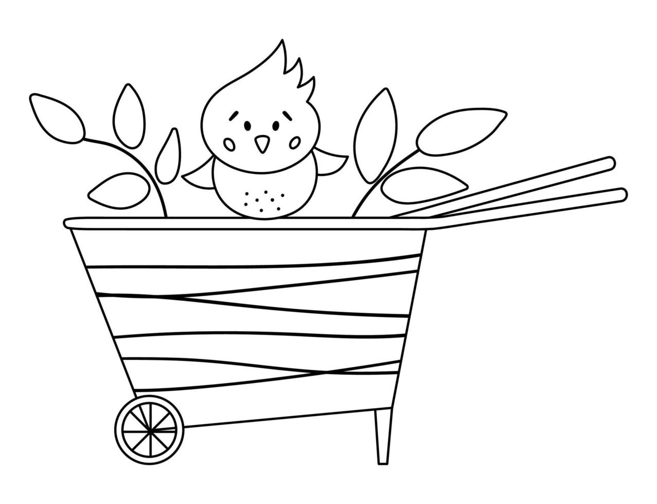 Vector cute black and white wheel barrow with chick icon isolated on white background. Outline spring garden tool illustration or coloring page. Funny gardening equipment picture for kids.