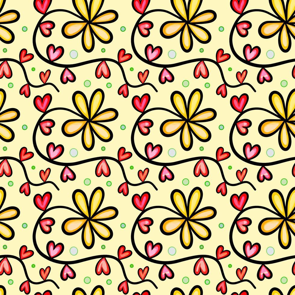 Yellow Watercolor Hearts n Flowers Valentine Pattern vector