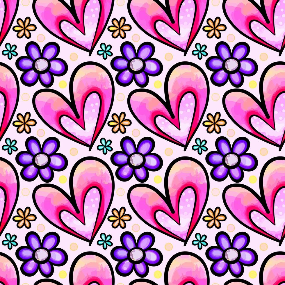 Pink Lilac Floral Hearts Watercolor Daisy Pattern vector