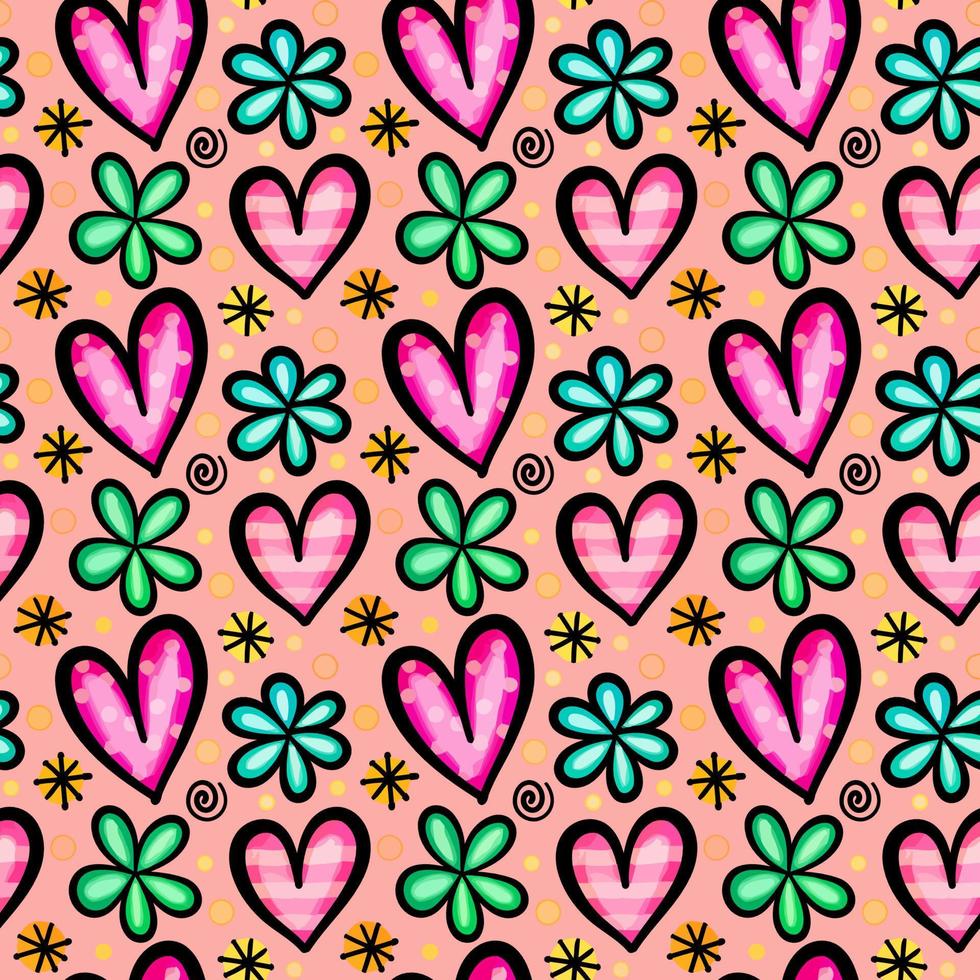 Watercolor Pink Hearts and Turquoise Daisy Pattern vector