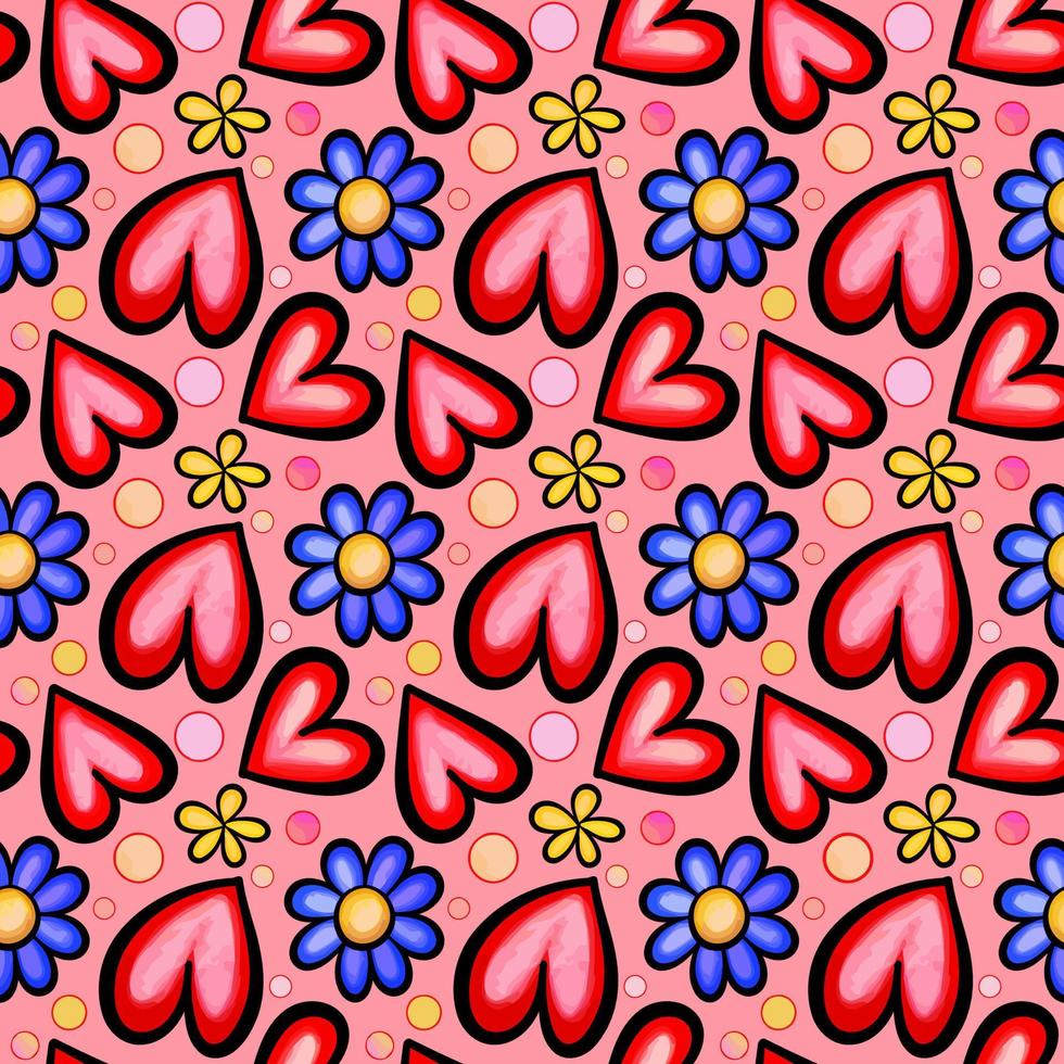 Red Hearts and Flowers Watercolor Daisy Pattern vector