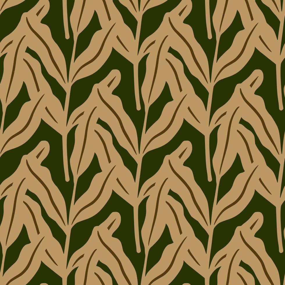 Light beige seamless doodle pattern with floral leaves ornament. Dark green background. Doodle style. vector