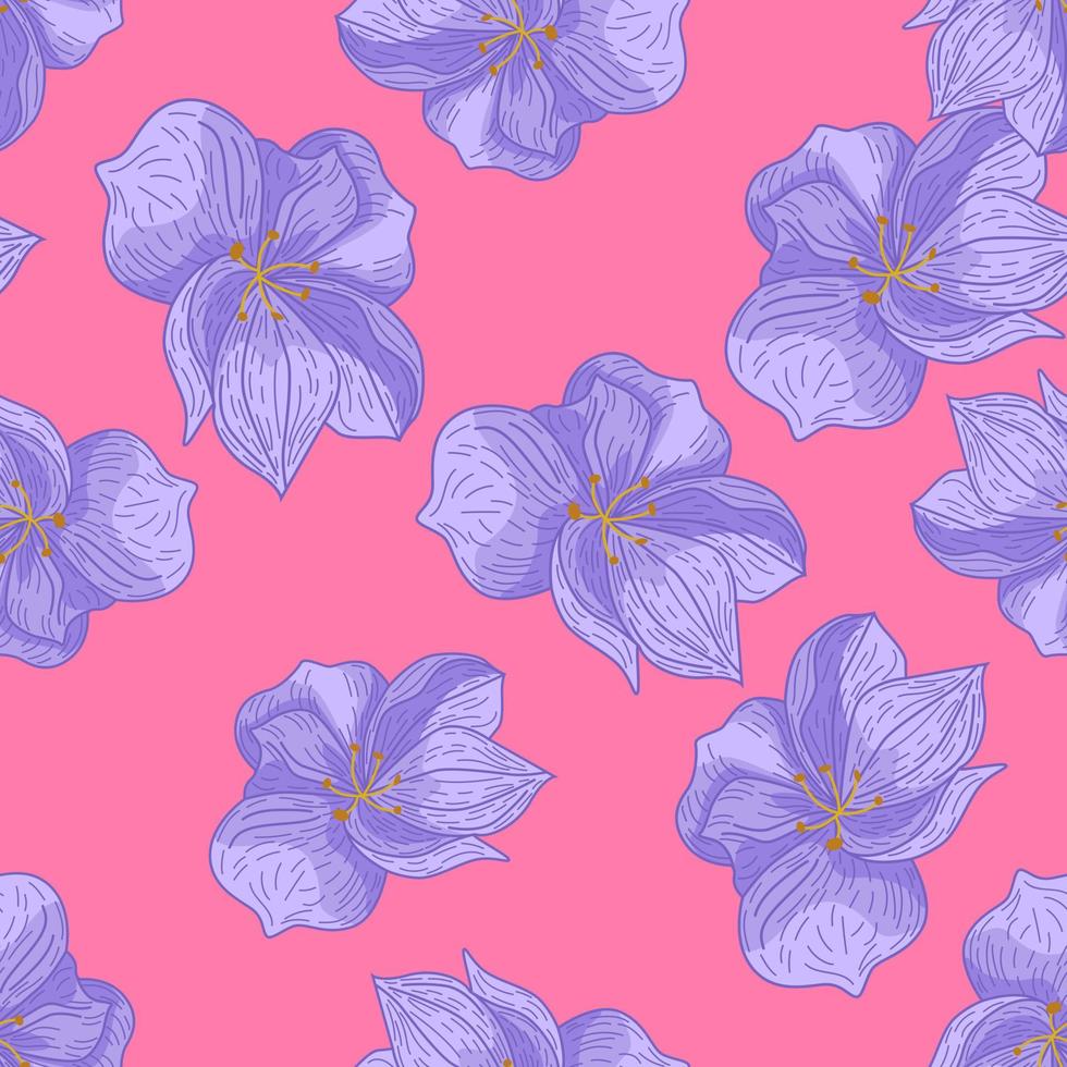 Bright summer floral seamless random pattern with blue flower elements ornament. Pink background. vector