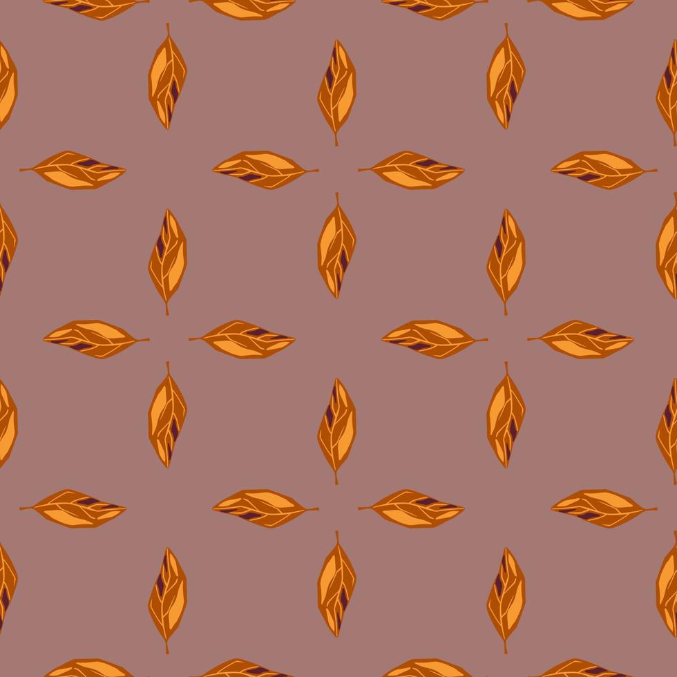 Decorative seamless pattern with orange colored autumn foliage leaf print. Dark pink background. vector